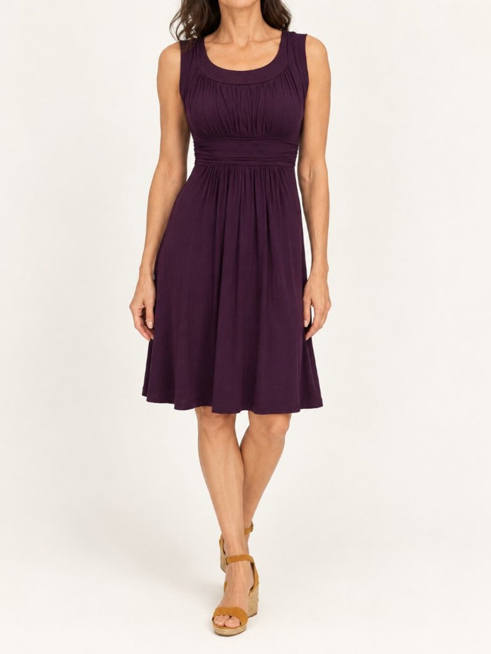Gilli Plum Sleeveless Knit Dress Medium Empire Waist Ruched Pullover Made in USA
